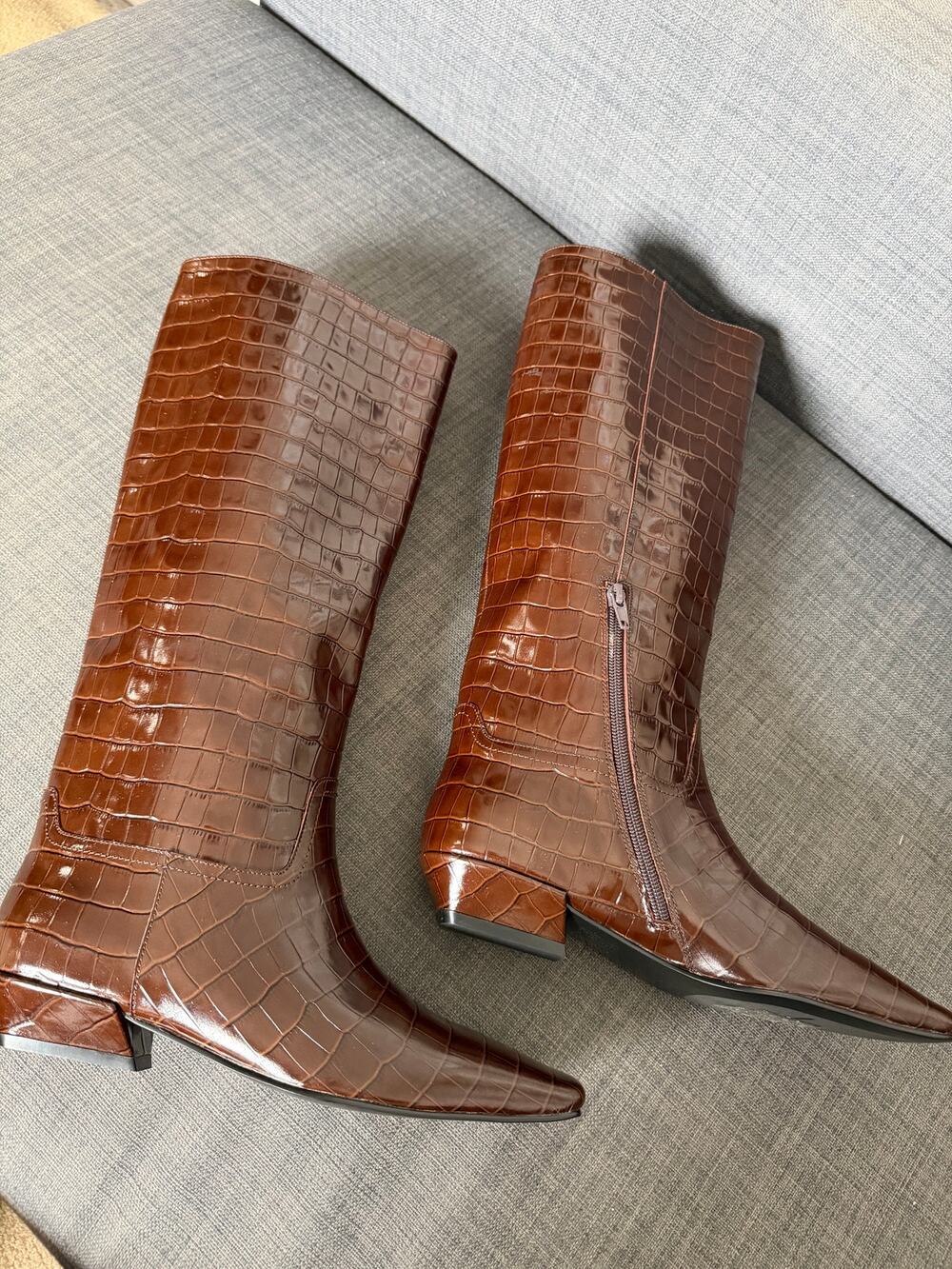 New Jeffrey Campbell Passo Brown Croc Leather Knee High Boots Size 7
